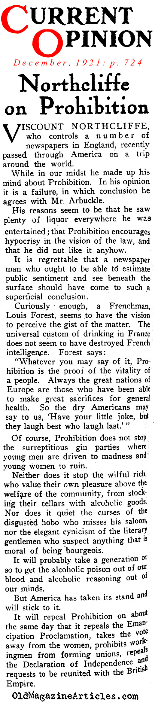 A Briton on American Prohibition (Current Opinion, 1921)